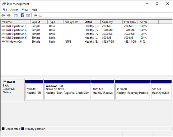 The Windows 10 Disk Management tool