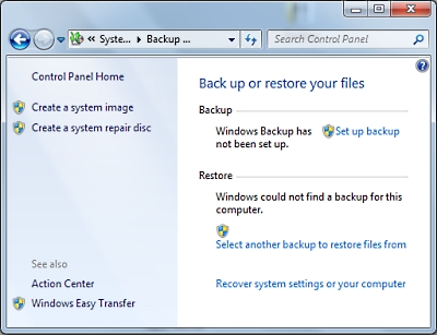 Control Panel Backup and Restore