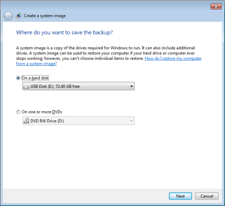 Create a system image dialog box