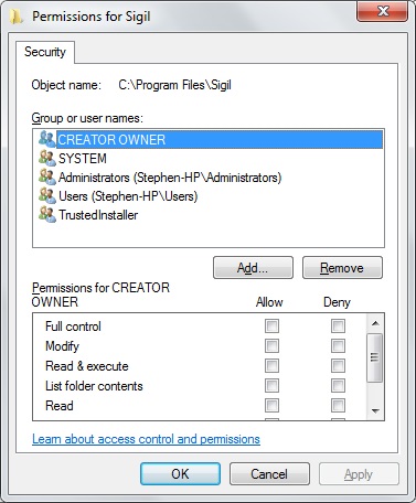 Permissions dialog box