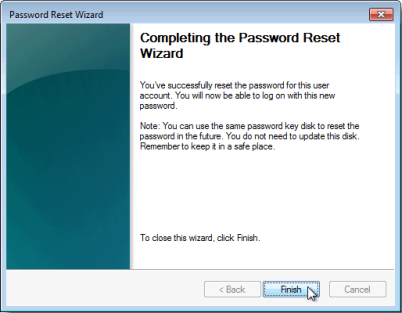 Completing the Password Reset Wizard page