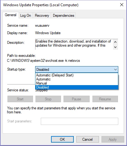 Windows Update Properties dialog box