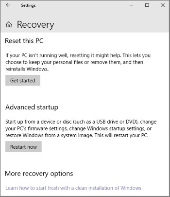 PC reset Recovery page