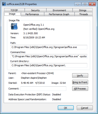 Process Properties dialog box