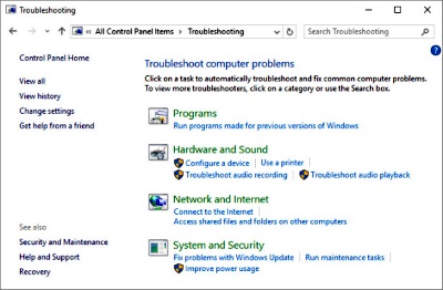 Control Panel Troubleshooting section