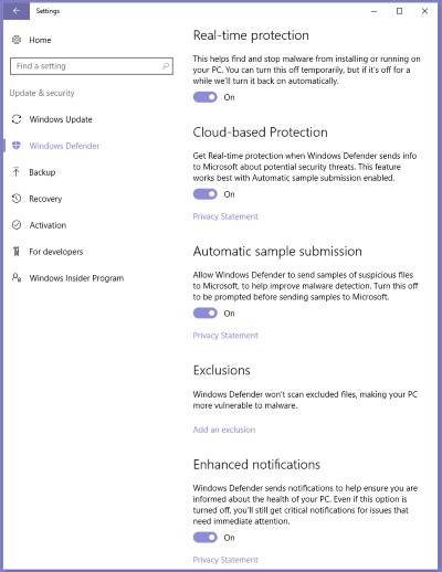 Windows Defender Settings