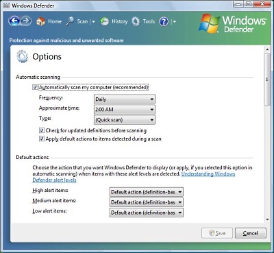 Windows Defender Options