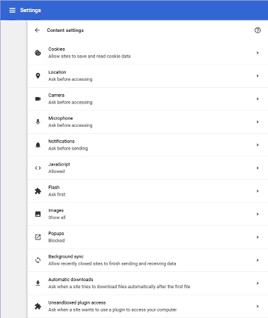 Chrome browser settings