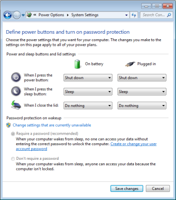 Define power buttons and turn on password protection dialog box