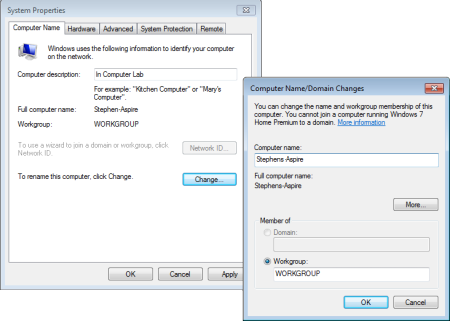 Computer Name/Domain Changes dialog box