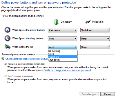 Power Options drop-down lists