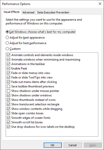 Performance Options dialog box