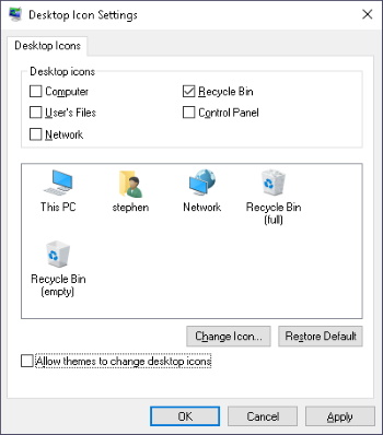 Desktop icon settings dialog box