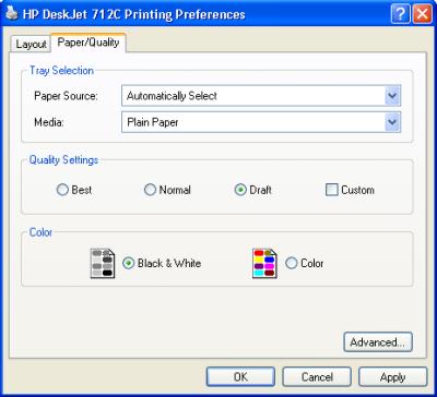 Printing preferences dialog box