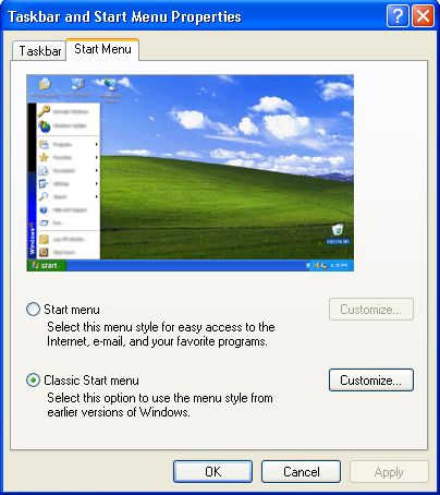 Taskbar and Start Menu Properties dialog box
