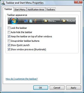 Taskbar and Satrt Menu Properties dialog box