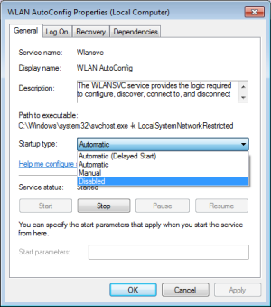 WLAN AutoConfig Properties dialog box