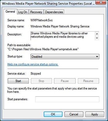 Windows Media Player Network sharing Service Properties dialog box