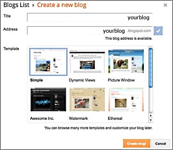 Create a new blog dialog box